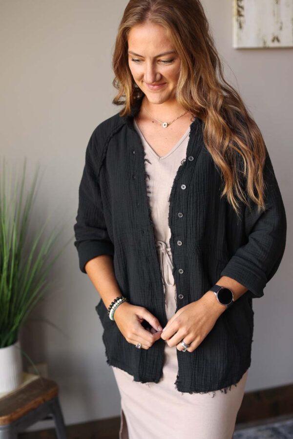 Black Crinkle Button Up Top
