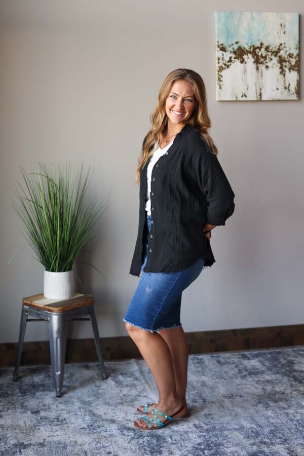 Black Crinkle Button Up Top