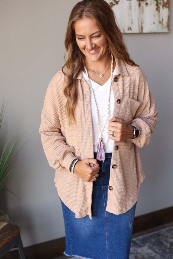 Khaki Waffle Knit Button Up Top • S-2XL PLUS