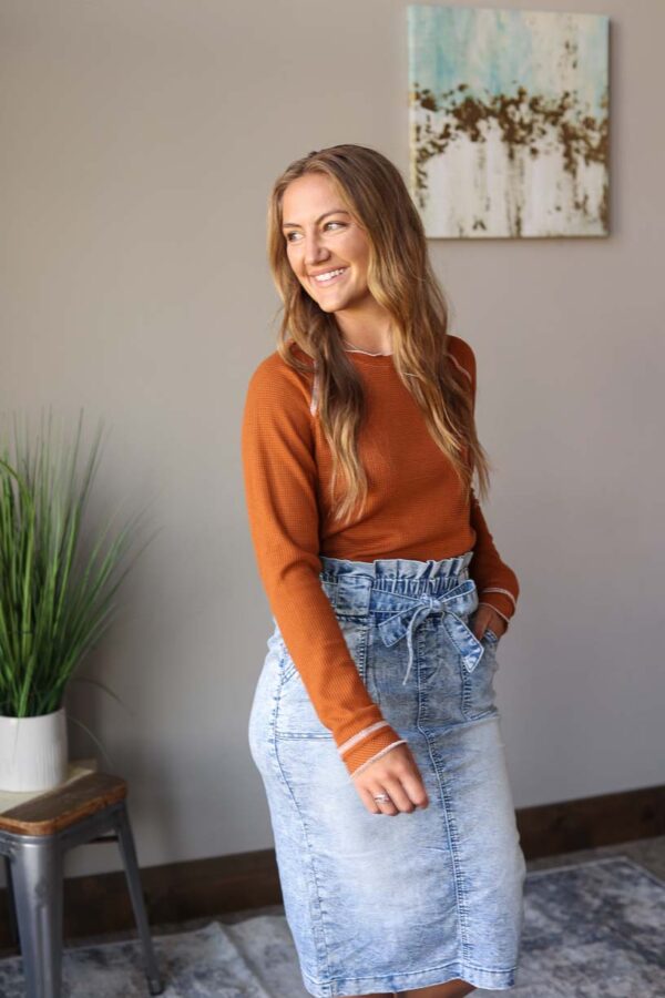 Camel Textured Crewneck Long Sleeve Top