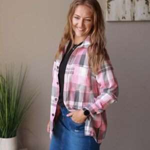 Pink Plaid Flannel Button Up • S or M