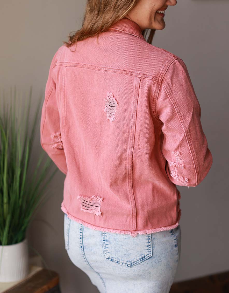 Distressed red denim on sale jacket