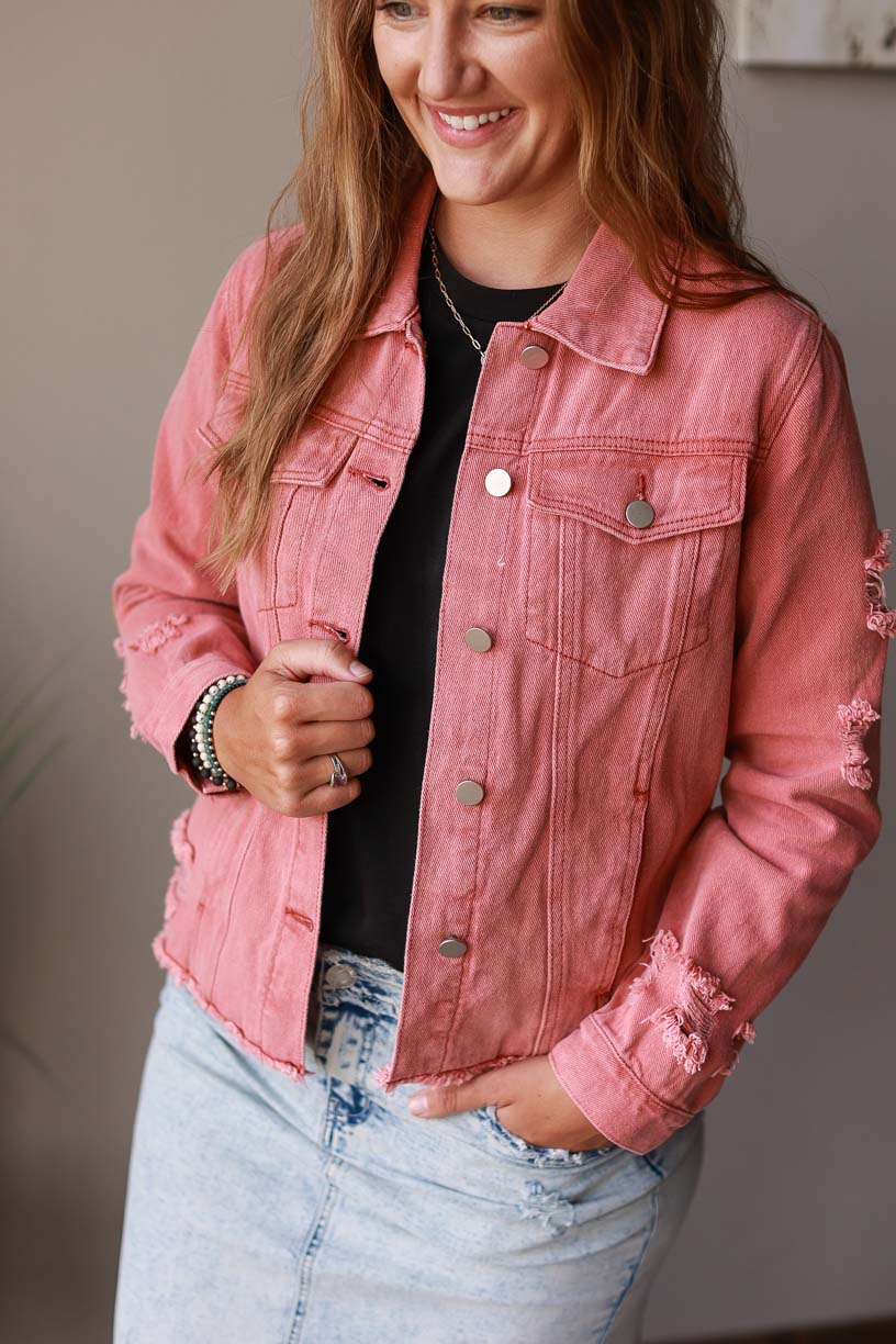 Distressed red denim clearance jacket