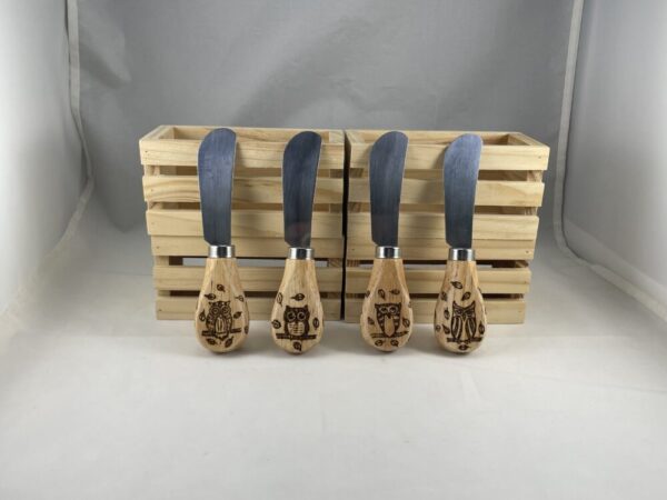 Owls with Blowing Leaves Wood Burned Cheese Knives Set of 4