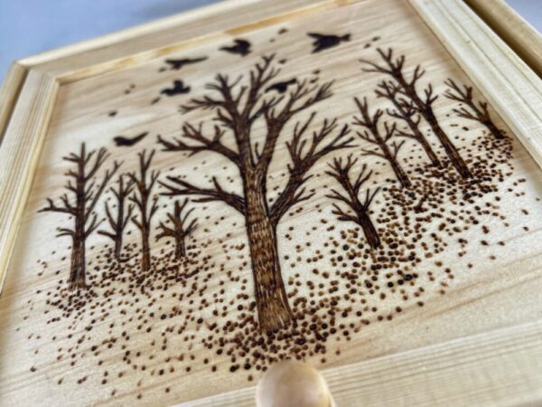Birds Flying over Autumn Forest Wood Burned Jewelry Box- Lid and Fold Out Mirror