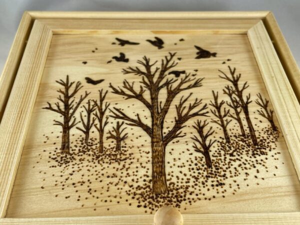 Birds Flying over Autumn Forest Wood Burned Jewelry Box- Lid and Fold Out Mirror