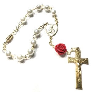 Handmade Red & White Flower One Decade Car Rosary Rear View Mirror