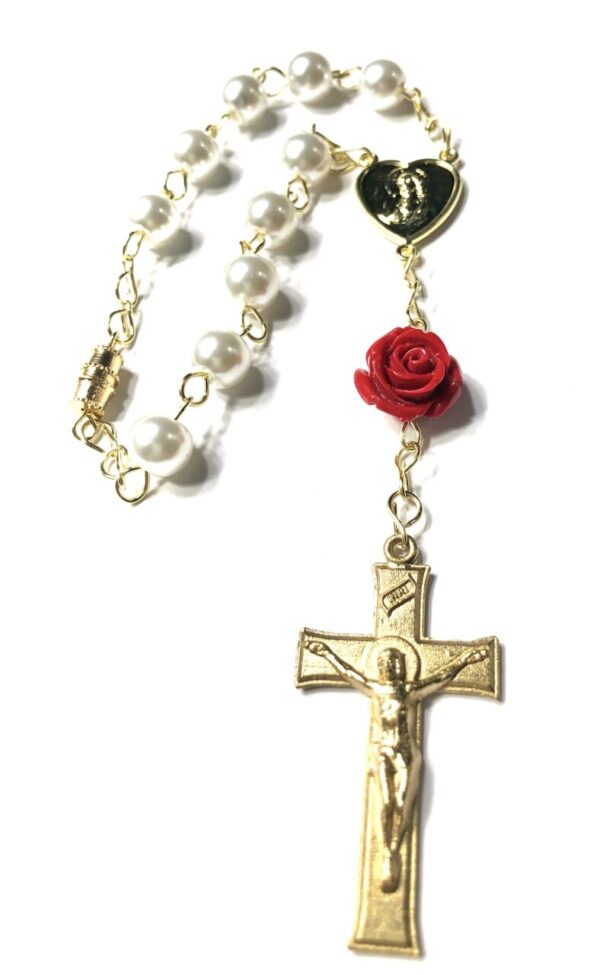 Handmade Red & White Flower One Decade Car Rosary Rear View Mirror