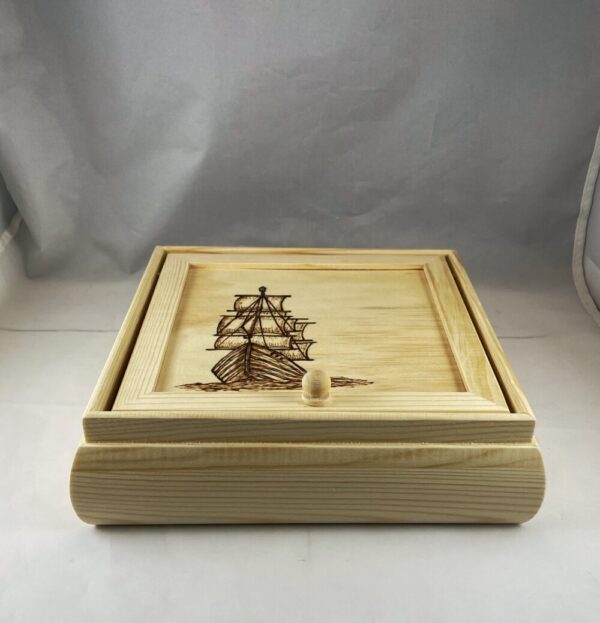 Ship Sailing the Ocean Wood Burned Jewelry Box- Lid and Fold Out Mirror