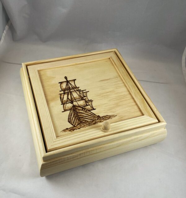 Ship Sailing the Ocean Wood Burned Jewelry Box- Lid and Fold Out Mirror