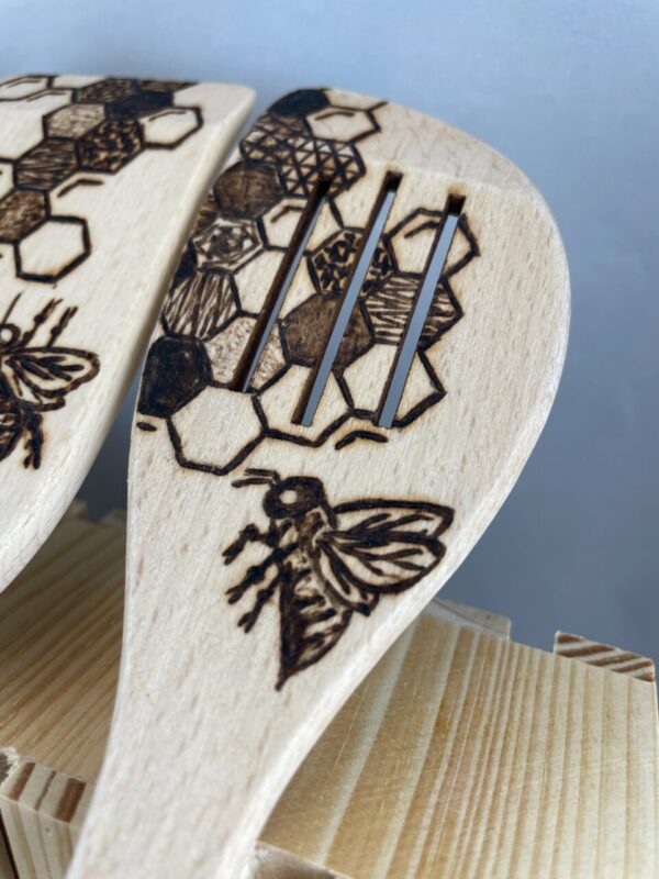 Honeybee Honeycomb Wood Burned Beech Utensil Set & Holder