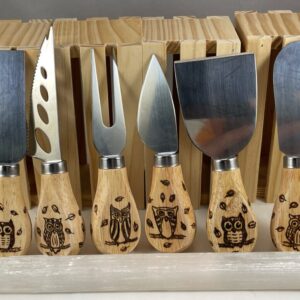 Owls with Blowing Leaves Wood Burned Cheese Knives Set of 6
