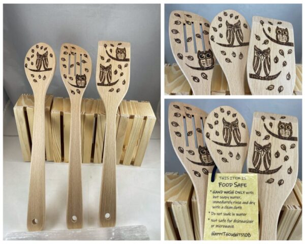 Owls with Blowing Leaves Wood Burned Beech Utensil Set of 3 or 6
