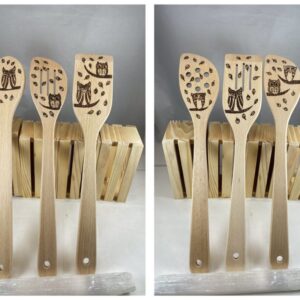 Owls with Blowing Leaves Wood Burned Beech Utensil Set of 3 or 6