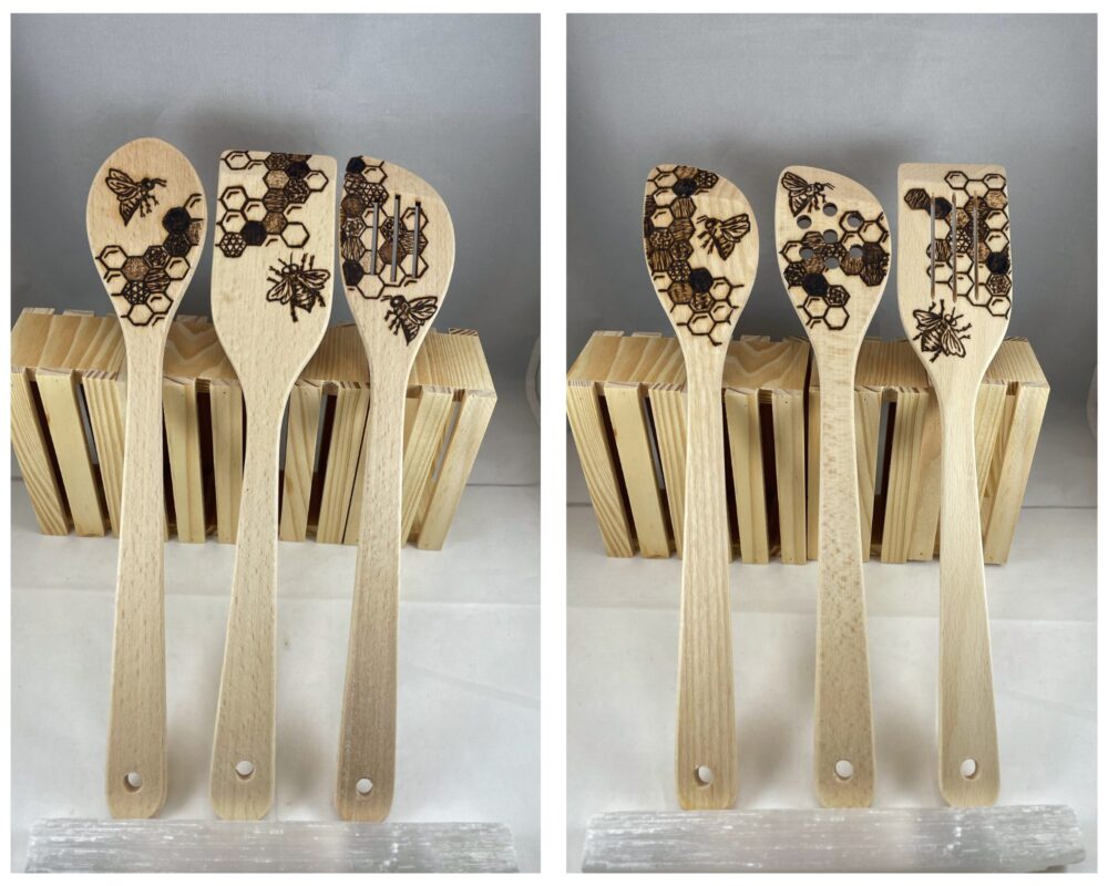 Honeybee Honeycomb Wood Burned Beech Utensil Set & Holder – Shop Iowa