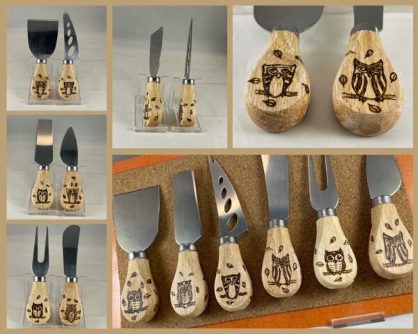 Owls with Blowing Leaves Wood Burned Cheese Knives Set of 6