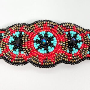 Beaded Barrette featuring red, light blue, black and bronze color art glass seed beads