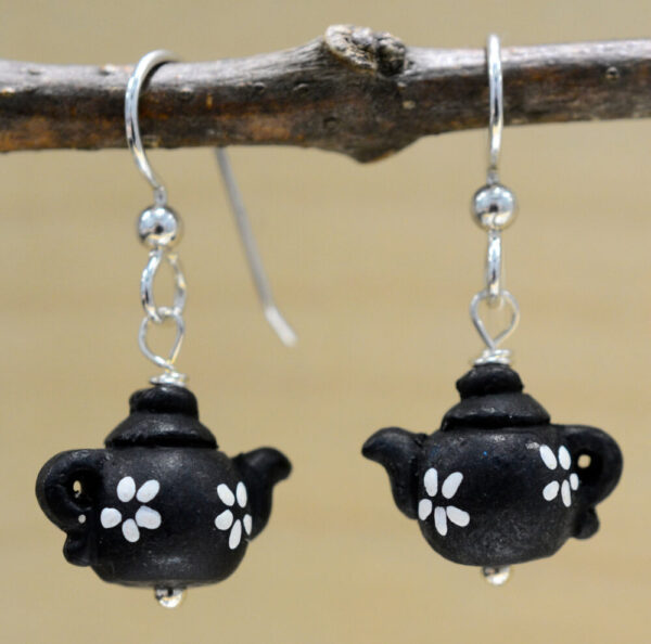 Black ceramic Flower Teapot and sterling silver handmade dangle earrings
