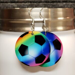 Soccer Ball Earrings Rainbow Colored Sports Accessories Handmade Wooden Double Sided Dangle