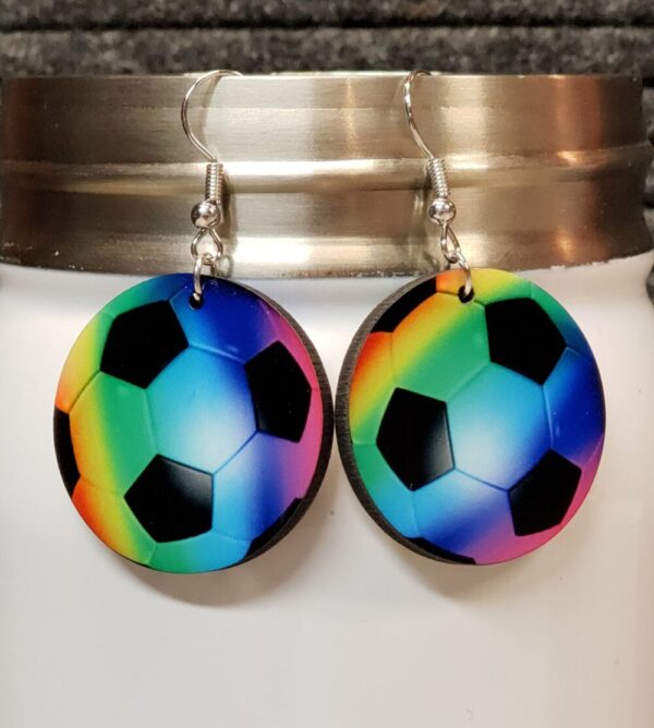 Soccer Ball Earrings Rainbow Colored Sports Accessories Handmade Wooden Double Sided Dangle