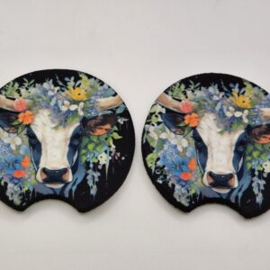 Floral Cow Car Coasters Handmade Set of 2