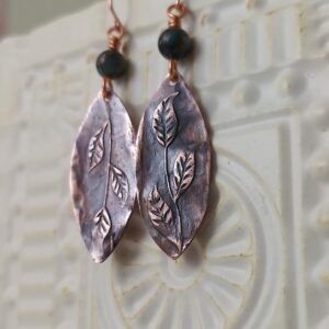 Copper leaf earrings with black bead