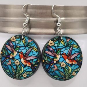 Hummingbirds and Flowers Earrings Double Sided Stained Glass Design Handmade Lightweight