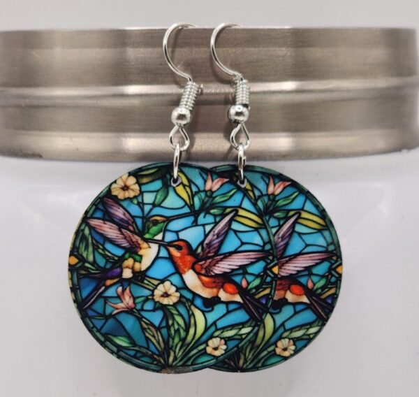 Hummingbirds and Flowers Earrings Double Sided Stained Glass Design Handmade Lightweight