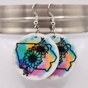 Iowa Earrings Sunflowers Rainbow Watercolor Double Sided Design
