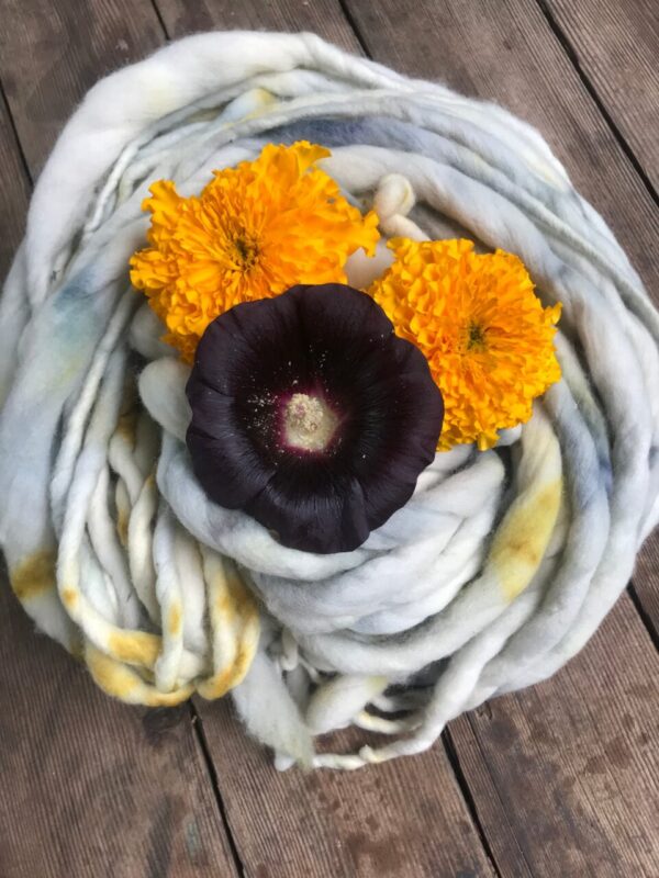 Black Hollyhock and Marigold dyed merino, handspun luxury yarn, 50 yard