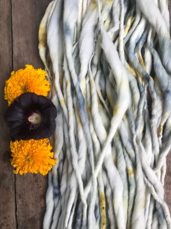 Black Hollyhock and Marigold dyed merino, handspun luxury yarn, 26 yard