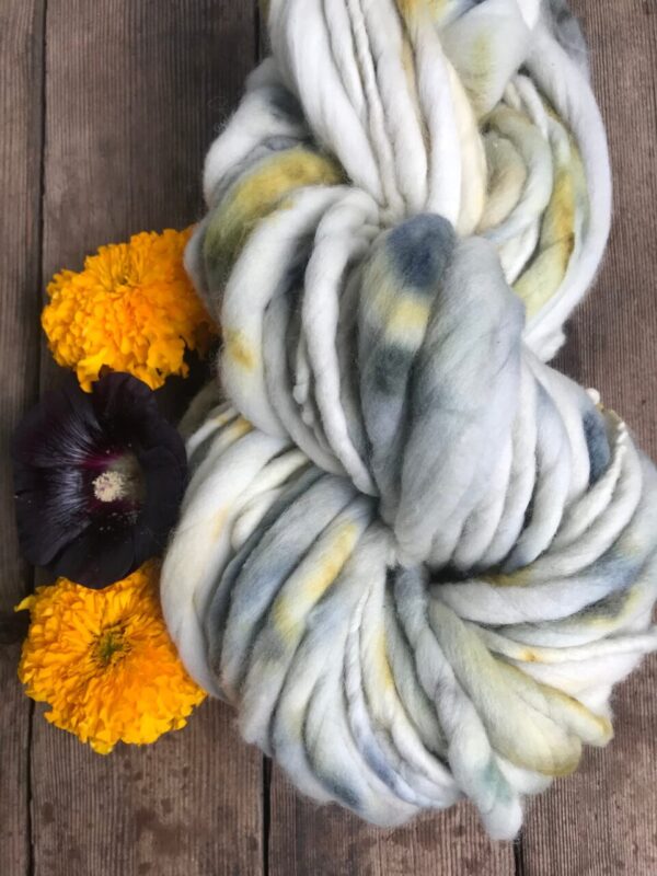 Black Hollyhock and Marigold dyed merino, handspun luxury yarn, 26 yard