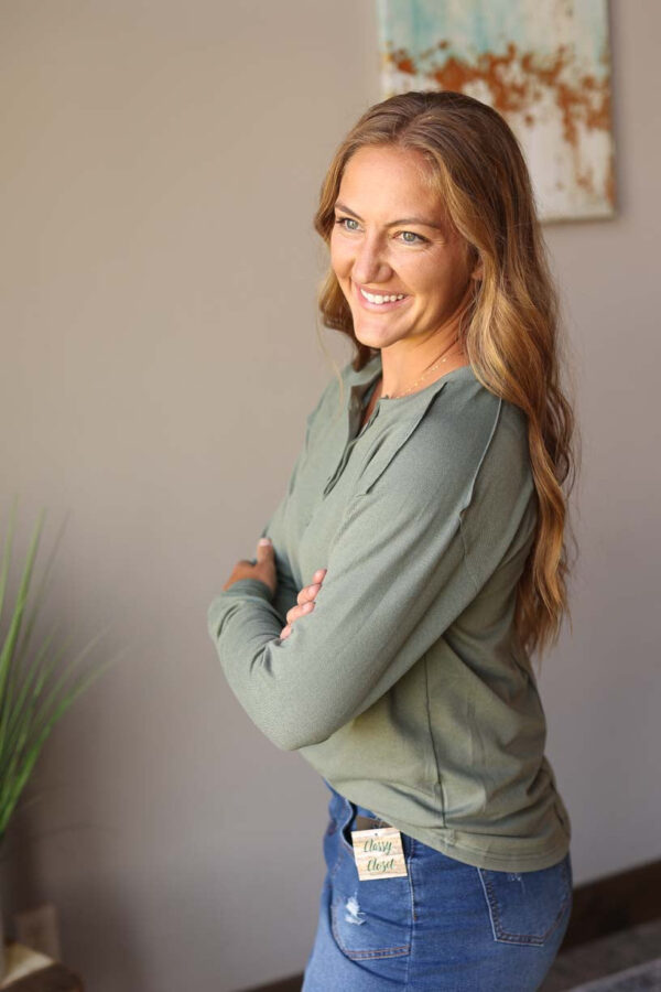 Olive Button Split Neck Long Sleeve Top