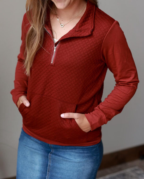 Wine Quilted Front Quarter Zip Sweatshirt