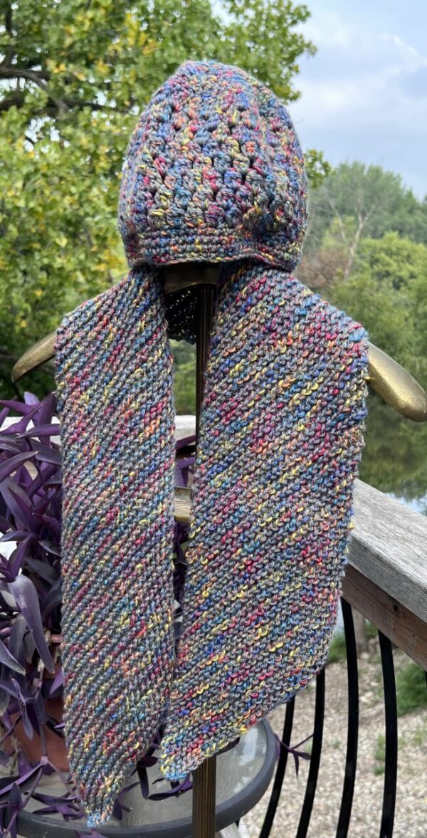 Colorful Crocheted Scarf and Messey Bun Hat Set