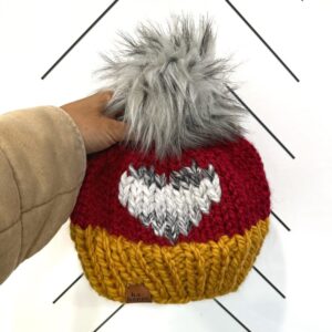 Adult Big Heart Knit Pom Pom Hat | Mustard + Cranberry + Marble