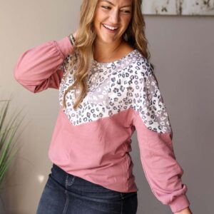 Mauve Leopard Print Patchwork Top