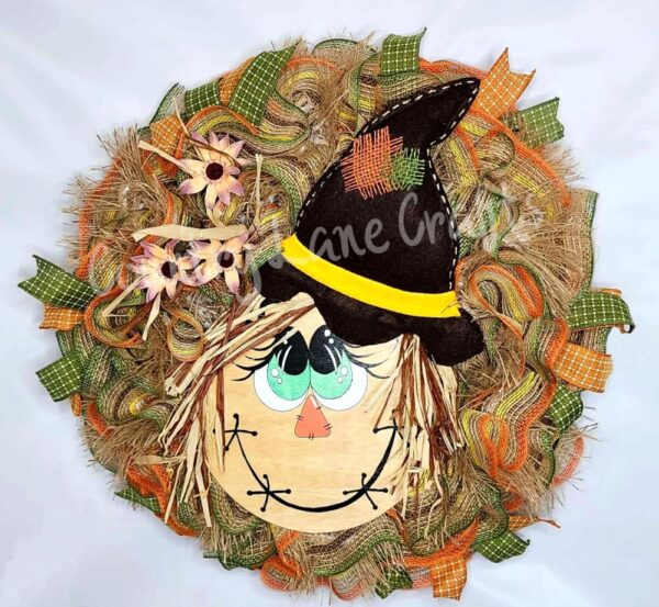 Hand Painted Scarecrow Face Rustic Fall Décor Front Door Mesh Wreath