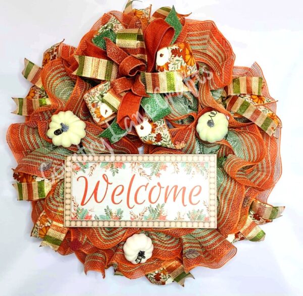 Fall Welcome Orange and Sage Floral Mesh Front Door Décor Wreath