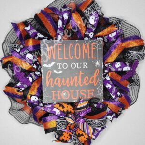 Welcome to Our Haunted Home Bats and Spiders Front Door Décor Wreath