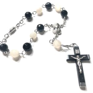 Handmade Black & White Stone One Decade Car Rosary Rear View Mirror Catholic
