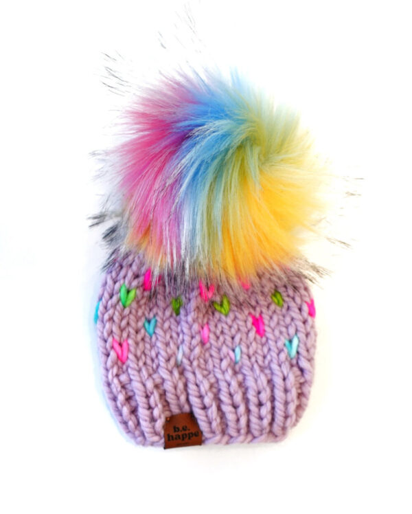 Adult Hearts Knit Pom Hat | Purple Rainbow