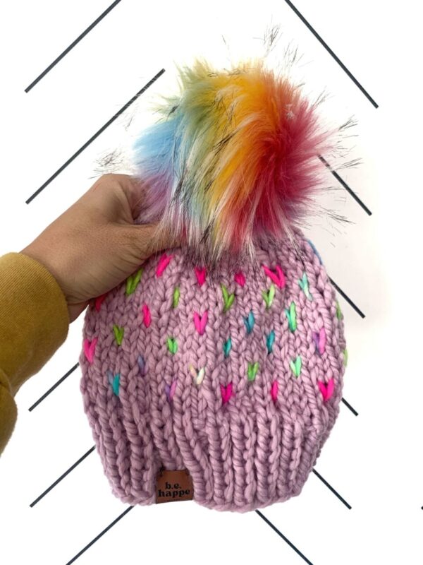 Adult Hearts Knit Pom Hat | Purple Rainbow