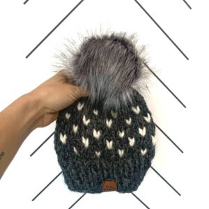 Youth  Knit Hearts Pom Hat | Charcoal Gray + Off White