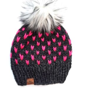 3-6 month Baby Happe Hearts Pom Hat | Charcoal  Gray + Hot Pink