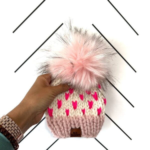 0-3 month Baby Happe Hearts Pom Hat | Light Pink + Hot Pink