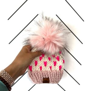 Adult Happe Hearts Pom Hat | Light Pink + Hot Pink