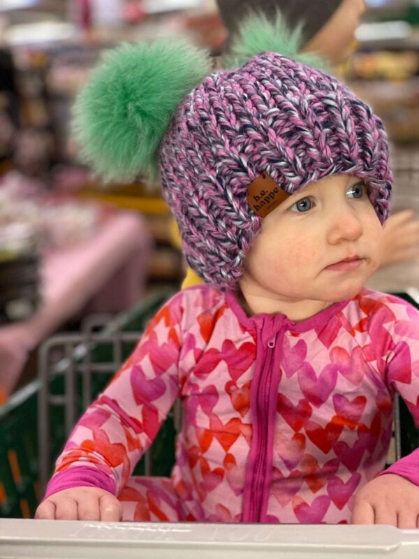 6-12 month Baby Knit Pom Hat | Purple Double Pom Wool Free