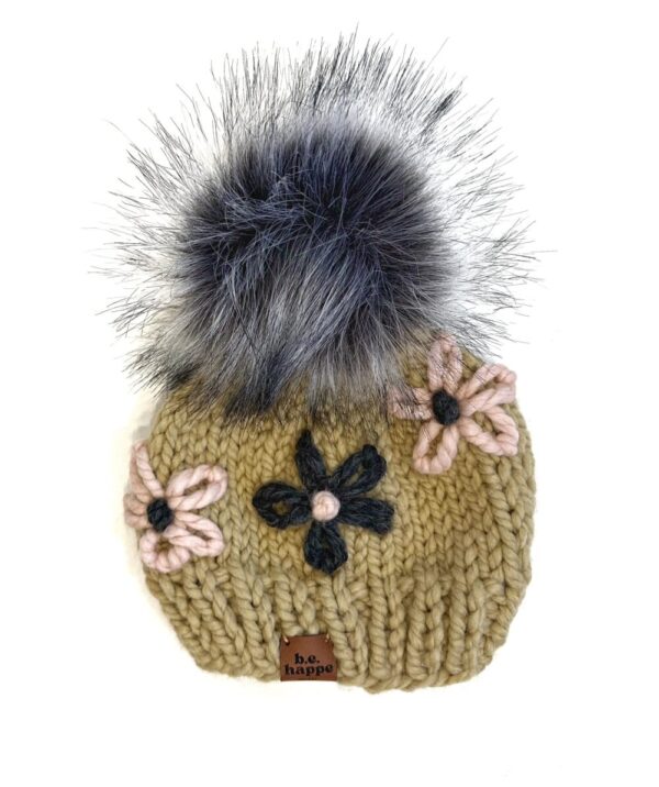 3-6 Month baby Embroidered Flower Knit Pom Hat | Tan Hat with Pink + Gray Flowers