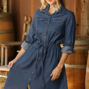 Button Up Drawstring Waist Denim Chambray Dress – Dk Blue